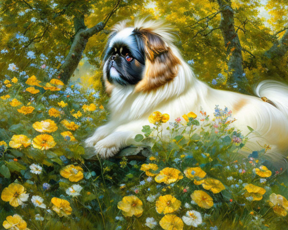 Pekingese dog in yellow flowers and greenery under sunlit trees