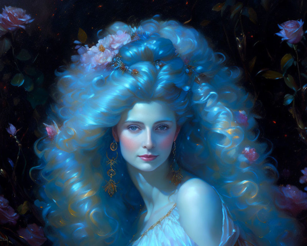 Portrait of woman with curly blue hair and roses on dark background