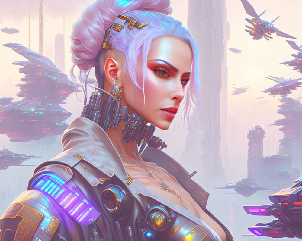 White-Haired Futuristic Woman with Cybernetic Enhancements in Urban Setting