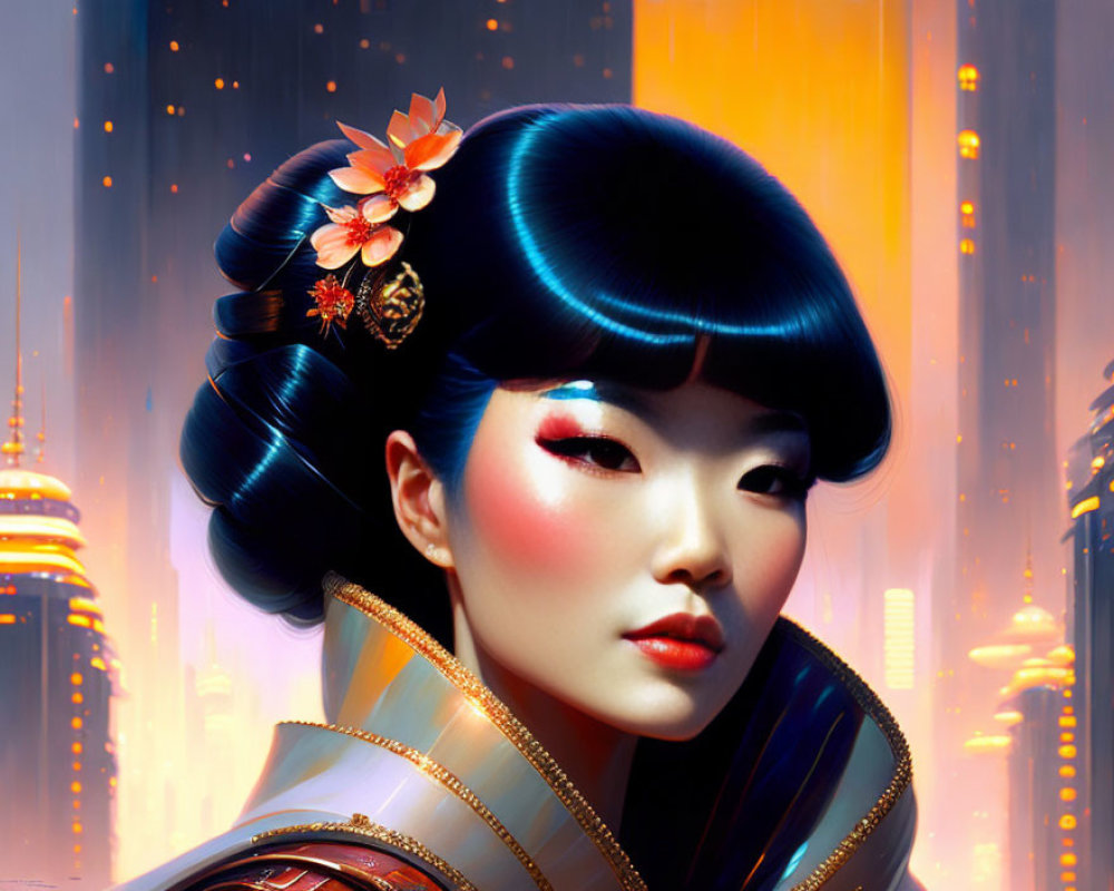 Digital artwork: Woman with intricate hairstyle and traditional accessories against glowing futuristic cityscape