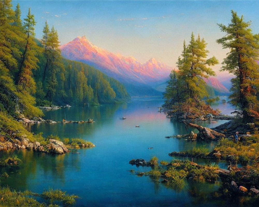 Tranquil blue lake, lush green trees, pink mountains, clear sky