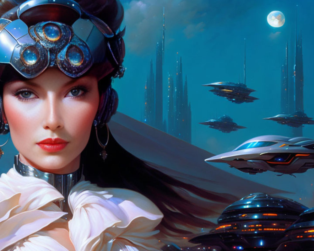 Futuristic woman with high-tech headset in advanced city under moonlit sky