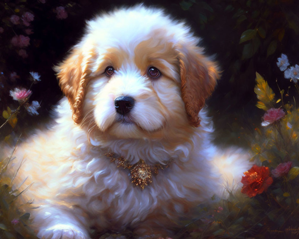 Cream-Colored Puppy with Golden Pendant in Sunlit Garden