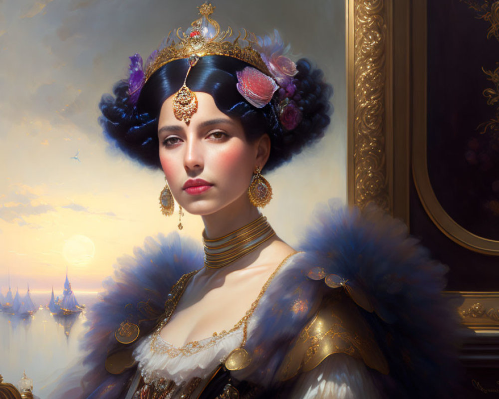 Luxurious fur-trimmed outfit with jeweled headpiece and earrings by serene seascape