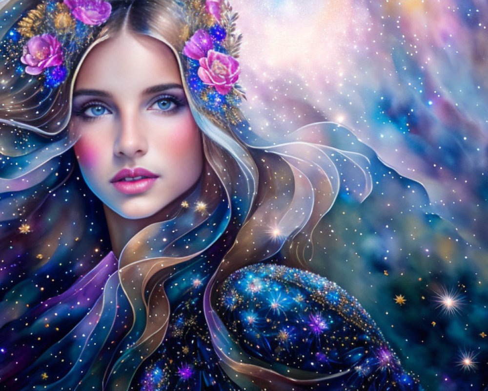 Fantasy illustration of woman with floral hair, cosmic background.