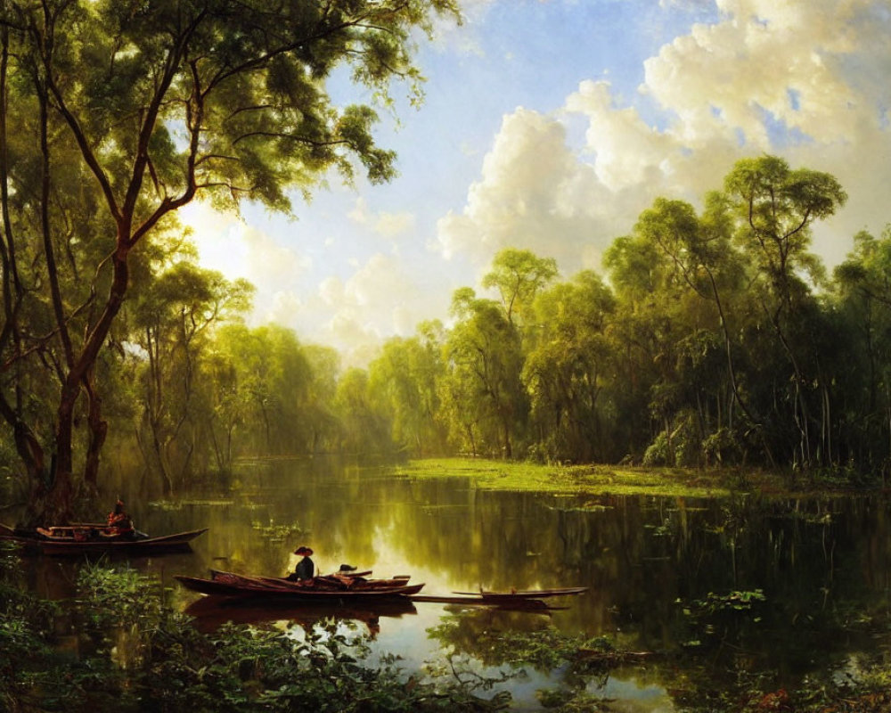 Tranquil landscape painting of lush forest, river, boats, and contemplative figure