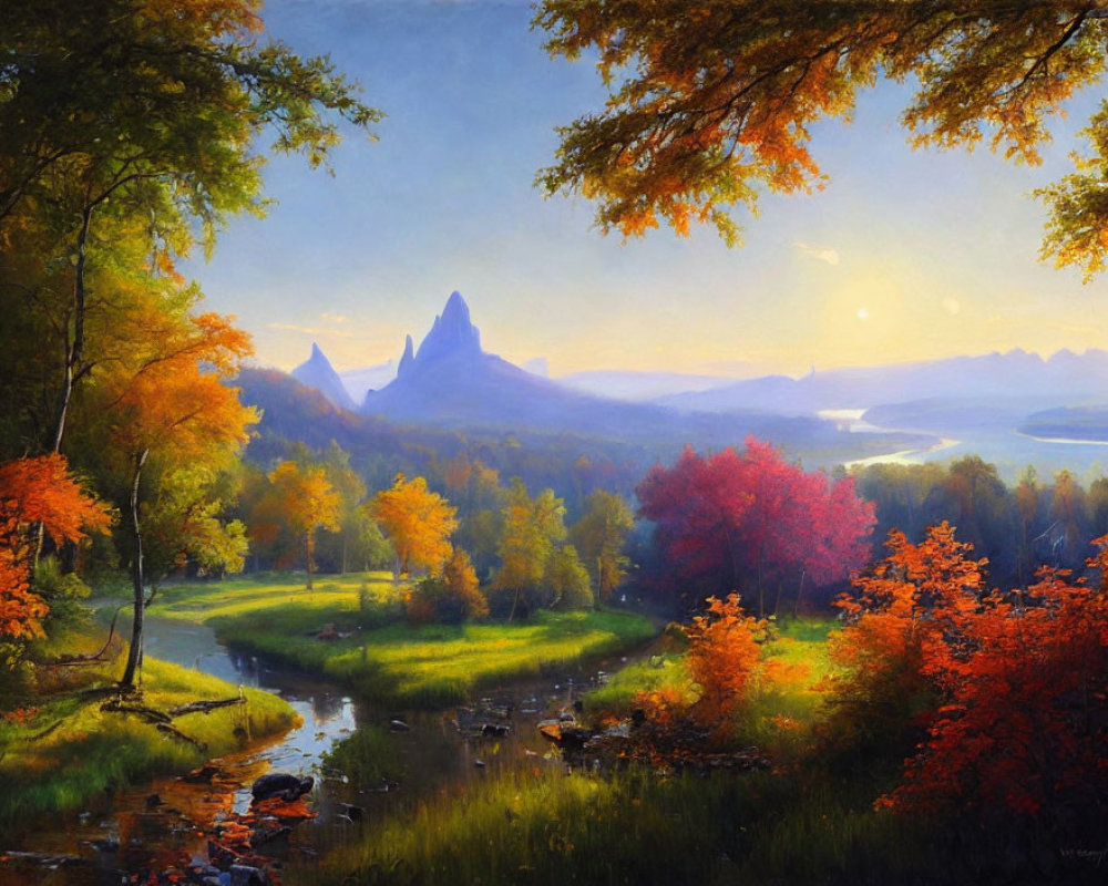 Colorful Autumn Forest Landscape with River and Mountains