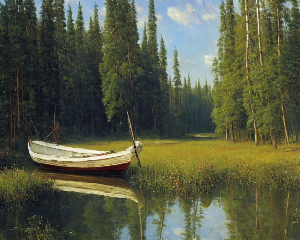 Tranquil forest landscape with white boat on calm water