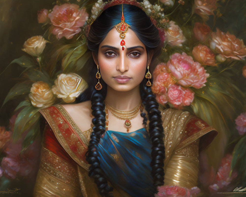 Traditional Indian Attire Portrait with Intricate Jewelry and Floral Background
