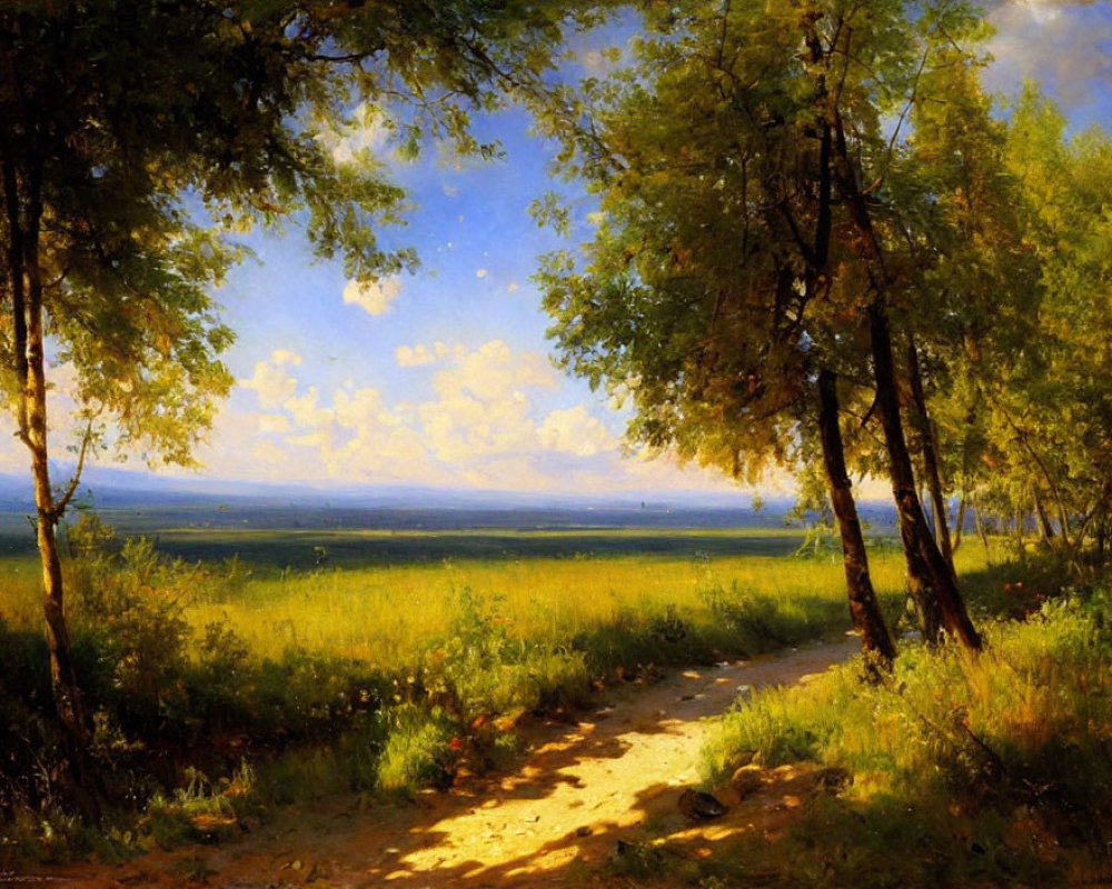 Tranquil woodland path to sunny field with distant clouds
