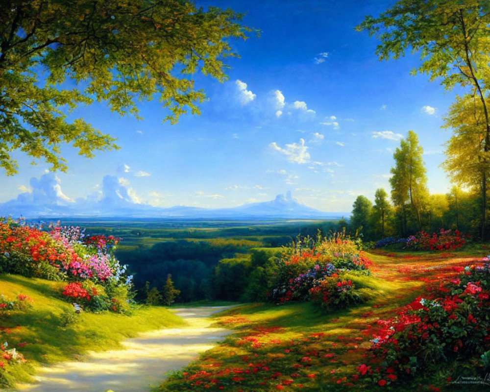 Tranquil landscape with winding path, flowering shrubs, canopy of trees, blue sky, mountains