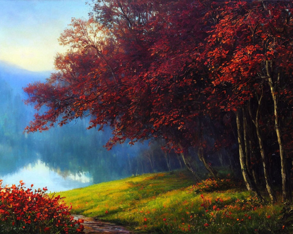 Scenic autumn landscape: red trees, calm lake, winding path, misty mountains