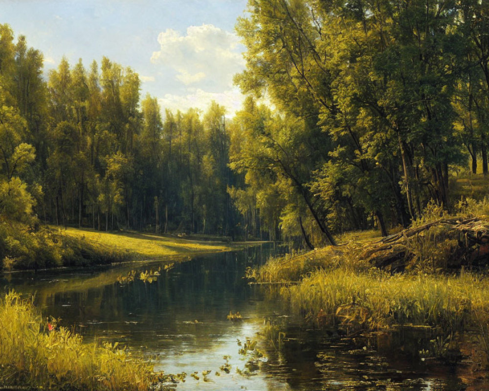 Tranquil river flowing through lush woodland on a sunny day