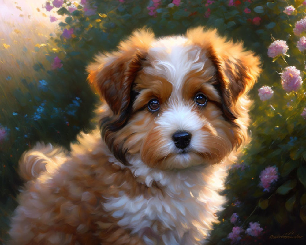 Fluffy Brown and White Puppy Surrounded by Blooming Flowers