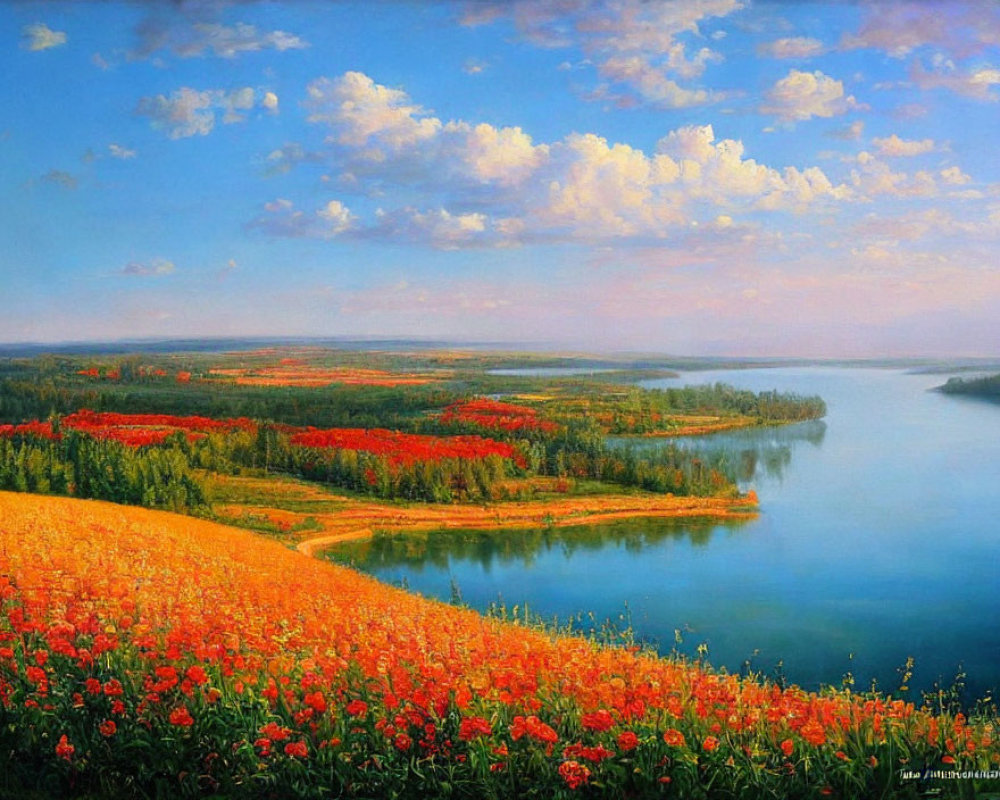 Scenic landscape painting of blooming hillside and river