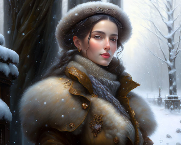 Woman in luxurious fur coat and hat in falling snow.