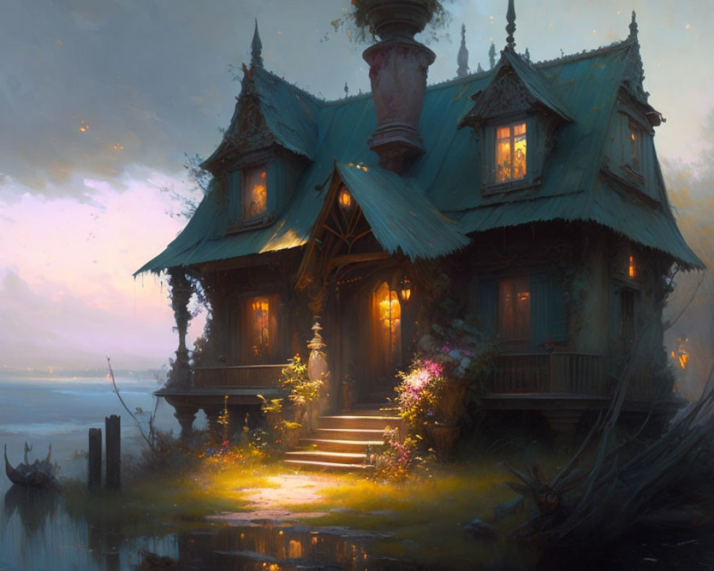 Twilight landscape with glowing cottage and serene water
