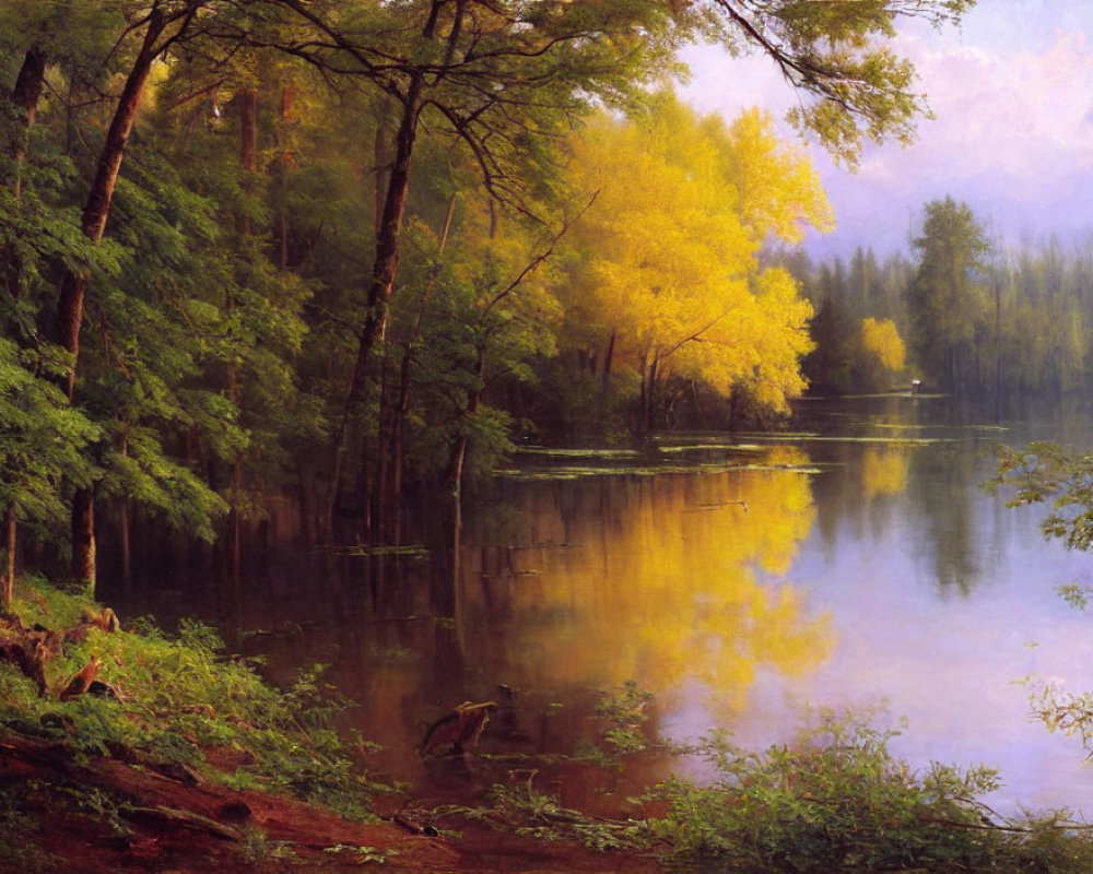 Autumn forest landscape with colorful trees and serene lake view