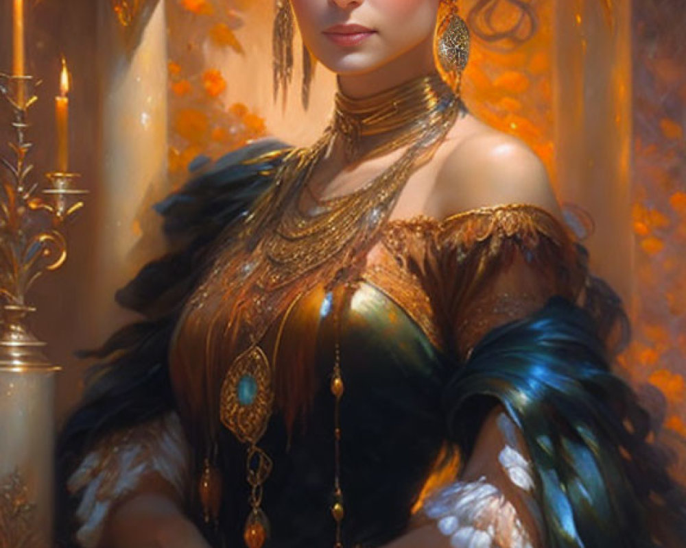 Regal woman in ornate headpiece and gold jewelry in green and golden gown by candlelight