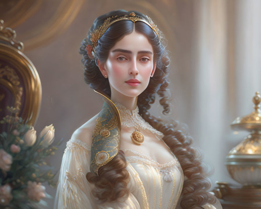 Regal woman with dark hair and golden headdress beside floral display