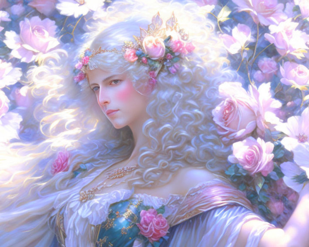 Fantasy portrait of woman with white wavy hair and floral crown among pink roses