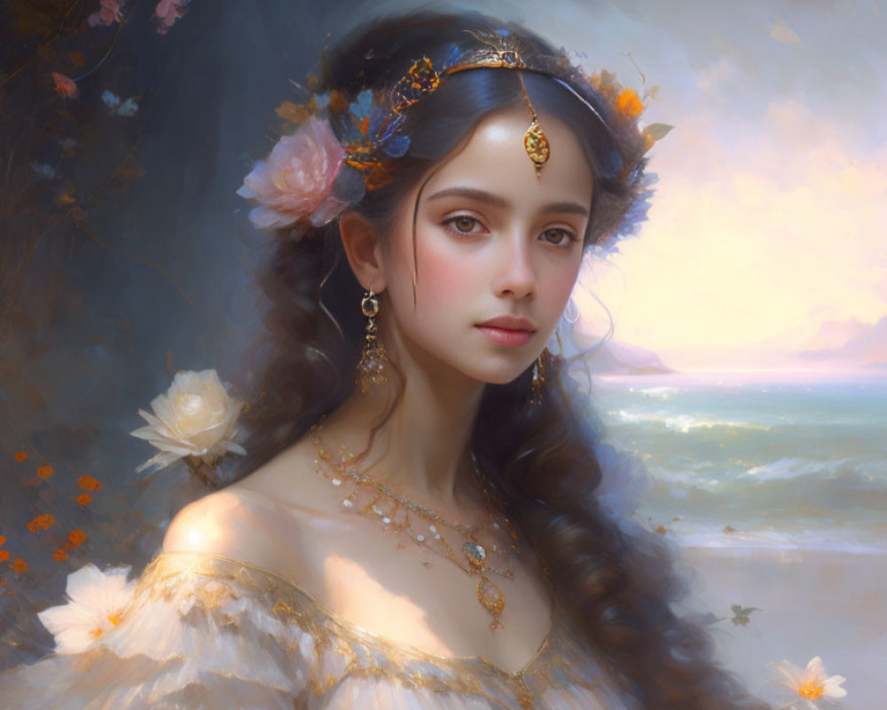 Ethereal portrait of young woman with delicate jewelry on beach backdrop