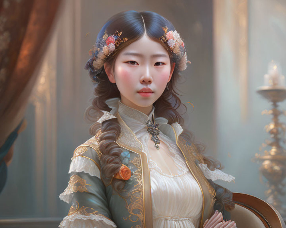 Historically dressed woman with flowers in hair in elegant interior.