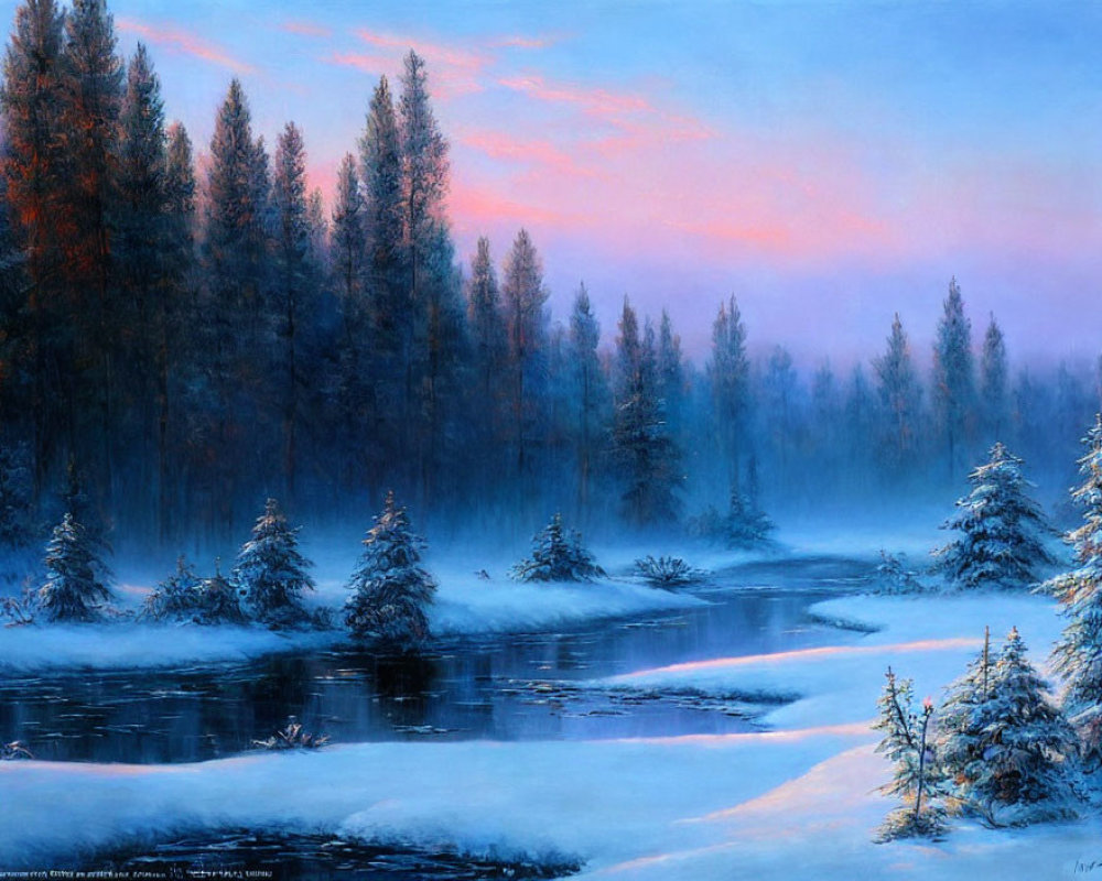 Snow-covered trees and frozen river in serene winter dusk landscape