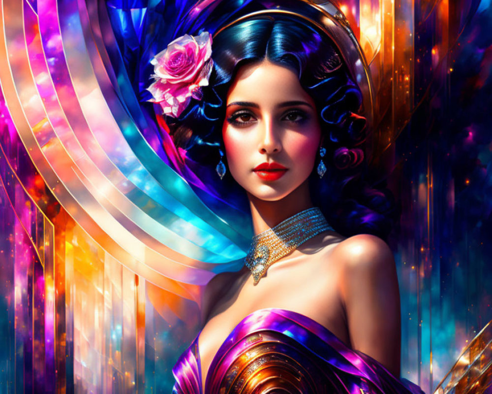Colorful digital artwork: Woman with rose in hair, cosmic patterns, elegant aura