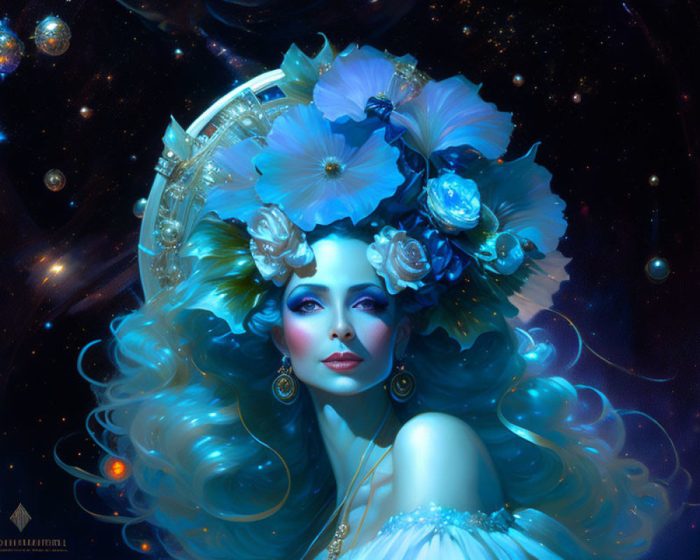 Vibrant blue flowers and celestial ornaments in a digital portrait.