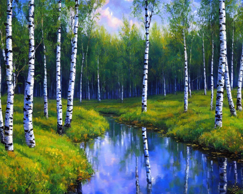 Tranquil birch forest painting with stream and blue sky
