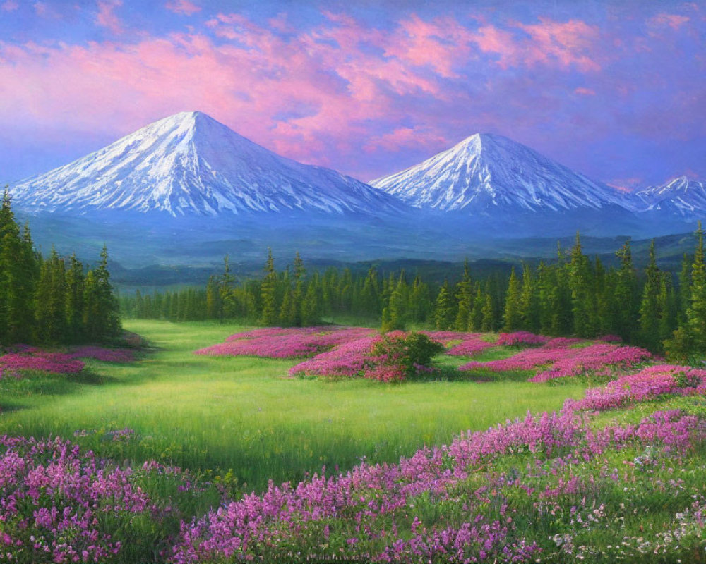 Scenic landscape with snow-capped mountains, colorful flowers, and green trees