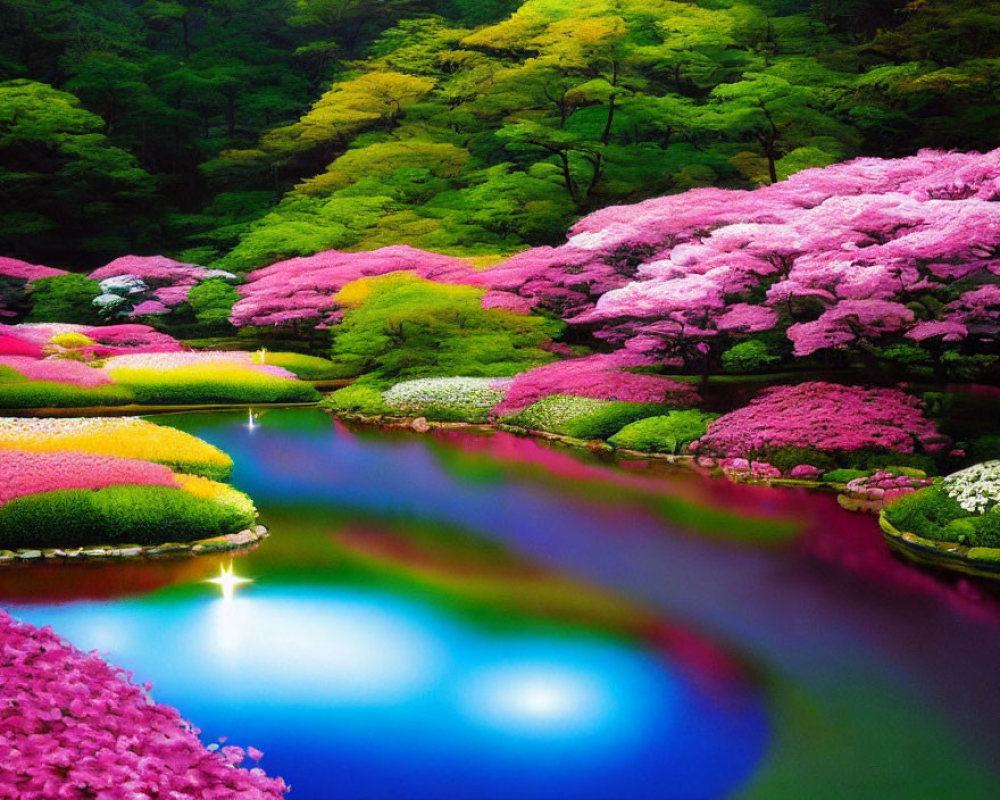 Colorful Flower Garden with Reflective Pond