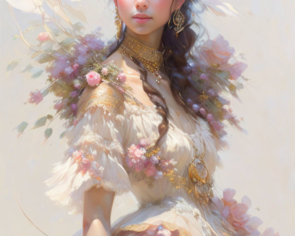 Portrait of woman with floral hair and dress exuding ethereal elegance