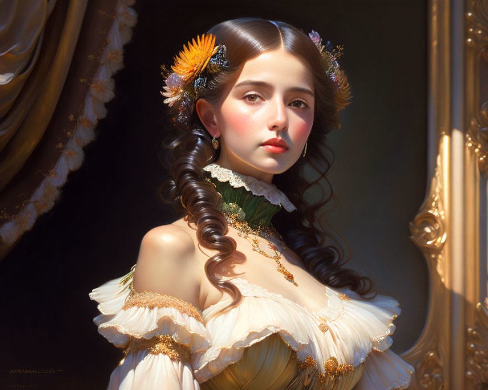 Portrait of young woman with dark curled hair in floral hairpiece, wearing off-shoulder cream dress