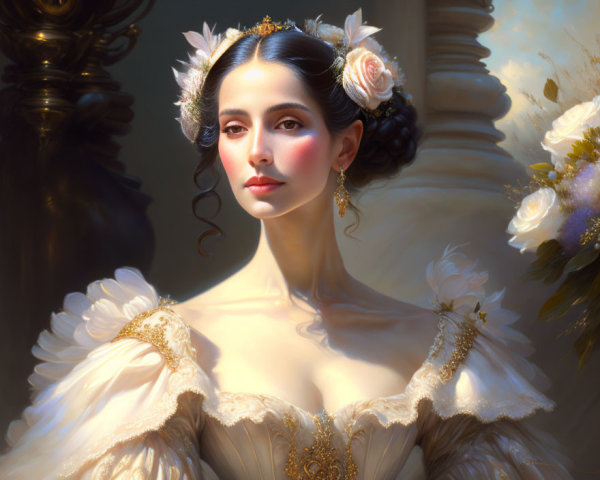 Classic Beauty in White Gown with Floral Accents