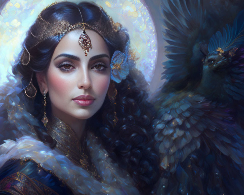 Dark-haired woman in gold headpiece with blue feathered cloak beside large bird under glowing halo