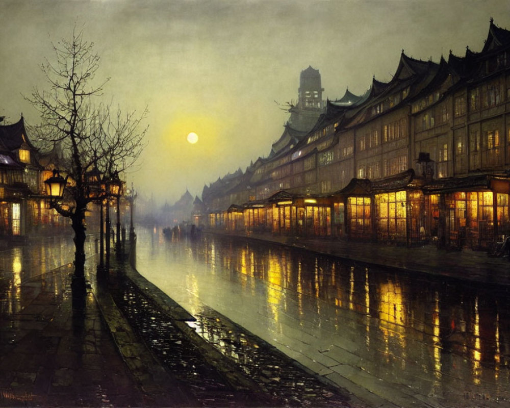 Traditional street night scene with lit lanterns, wet pavement, leafless tree, and hazy moon