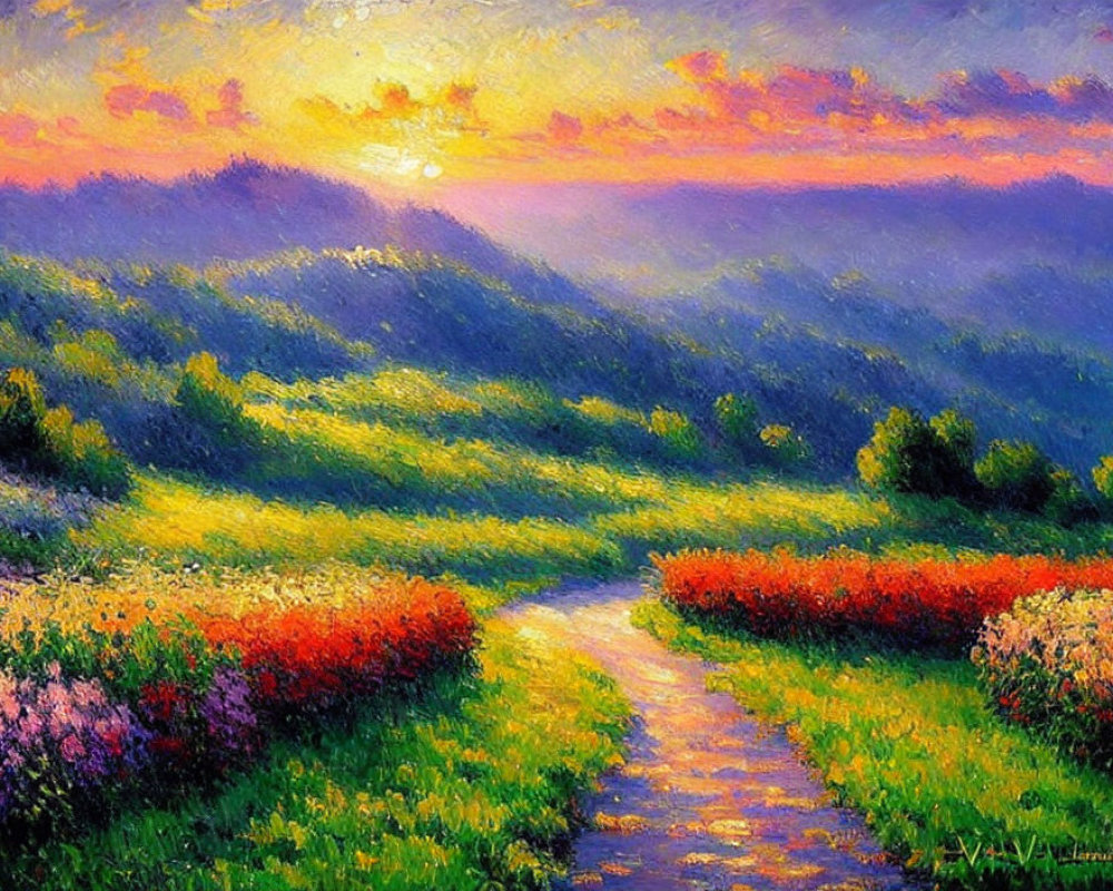 Colorful sunset painting of flower-filled meadow with winding path