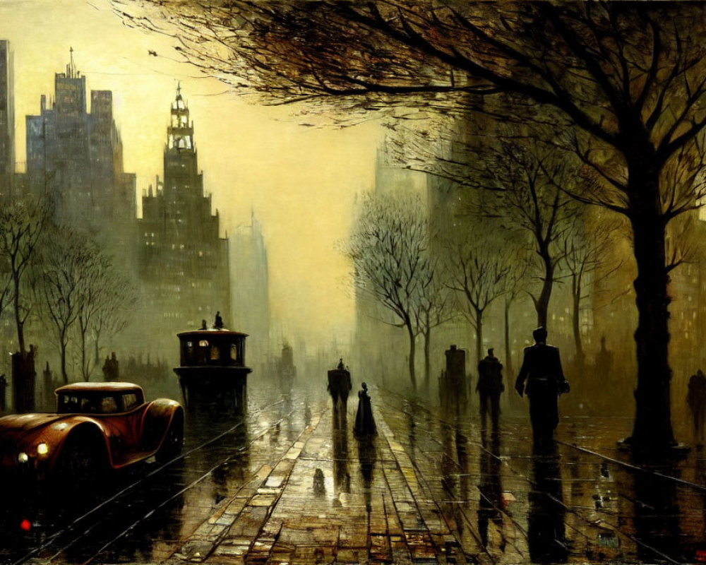 Rainy Dusk Street Scene with Silhouetted Figures & Vintage Cars