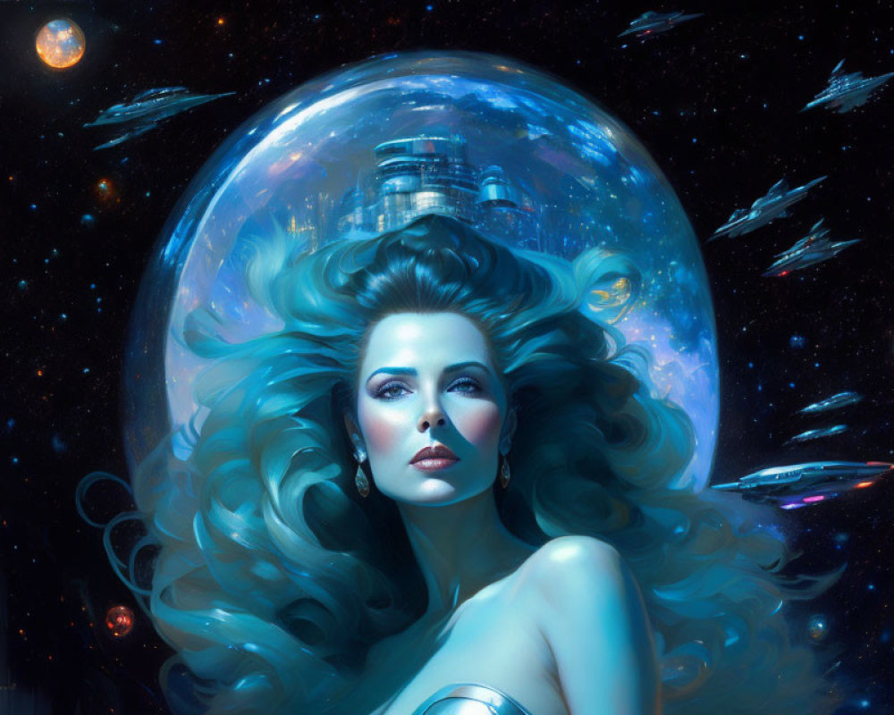 Surreal artwork of woman in bubble with futuristic cityscape