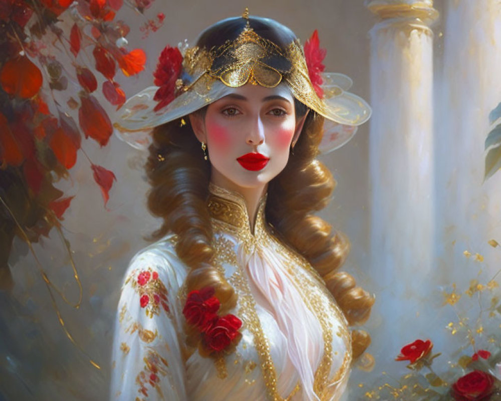 Elegant woman in white and gold dress among red roses