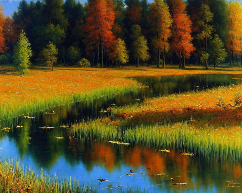 Serene autumn landscape with reflective lake and colorful foliage