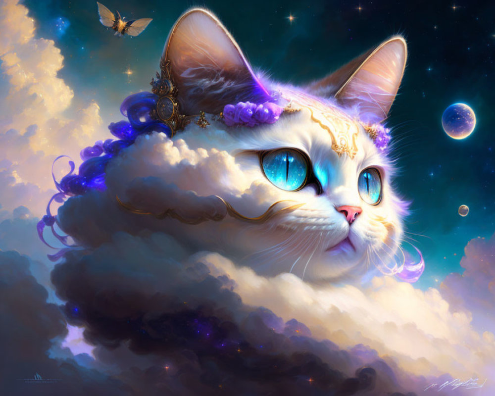 Majestic cat blending into cloud with blue eyes, flowers, and planets
