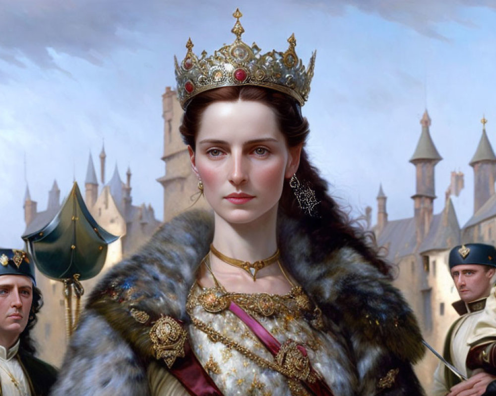 Regal woman in golden crown and fur cloak at castle with guards