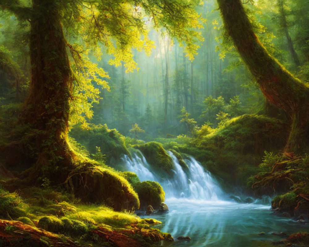 Tranquil forest landscape with waterfall and moss-covered rocks