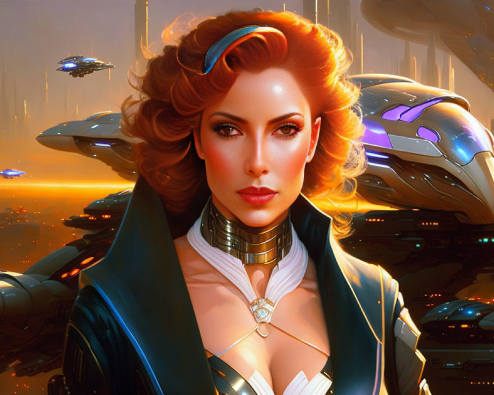 Red-haired woman in futuristic attire with headset against sci-fi cityscape