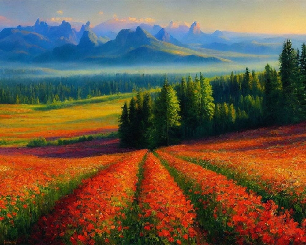 Colorful landscape painting: red poppy field, tree-framed path, misty mountains