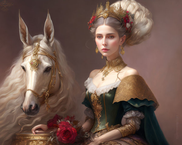 Regal Woman in Period Dress with White Horse and Ornate Jewelry