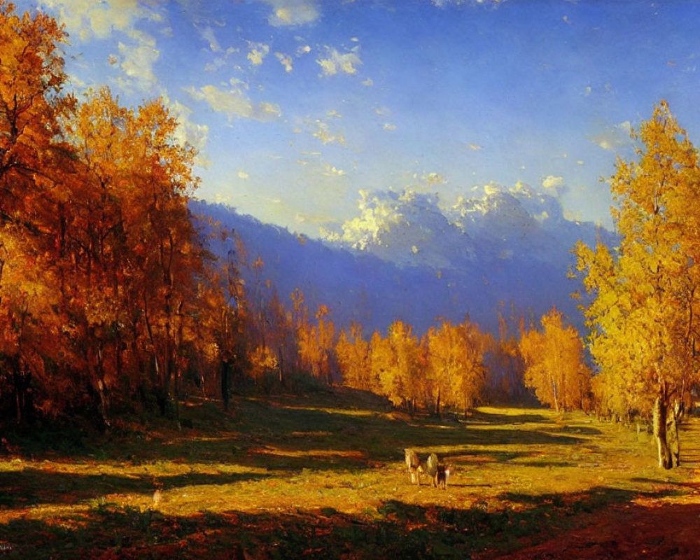 Golden-orange trees, blue sky, mountains, and deer in serene autumn landscape